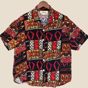 Vintage Tickets Clothing Shirt Women L Multicolor Geometric Tribal Retro Blouse